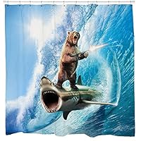 Sharp Shirter Bear Shower Curtain Set Funny Shark Bathroom Decor Surfing Machine Gun Beach Theme Blue Waves Ocean Art Hooks Included