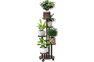 FILWH 5 Tier Plant Stand For Outdoor Indoor Tall Bamboo Movable Flower Stand With Wheels Plant Shelf Pot Holder Plants Corner Display Rack Multiple Planter For Living Room Balcony Garden Patio(Brown)