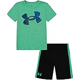 Under Armour Boys' 2-piece Short Sleeve Graphic T-Shirt and Shorts Set, Lightweight & Breathable, Vapor Green Panel, 4