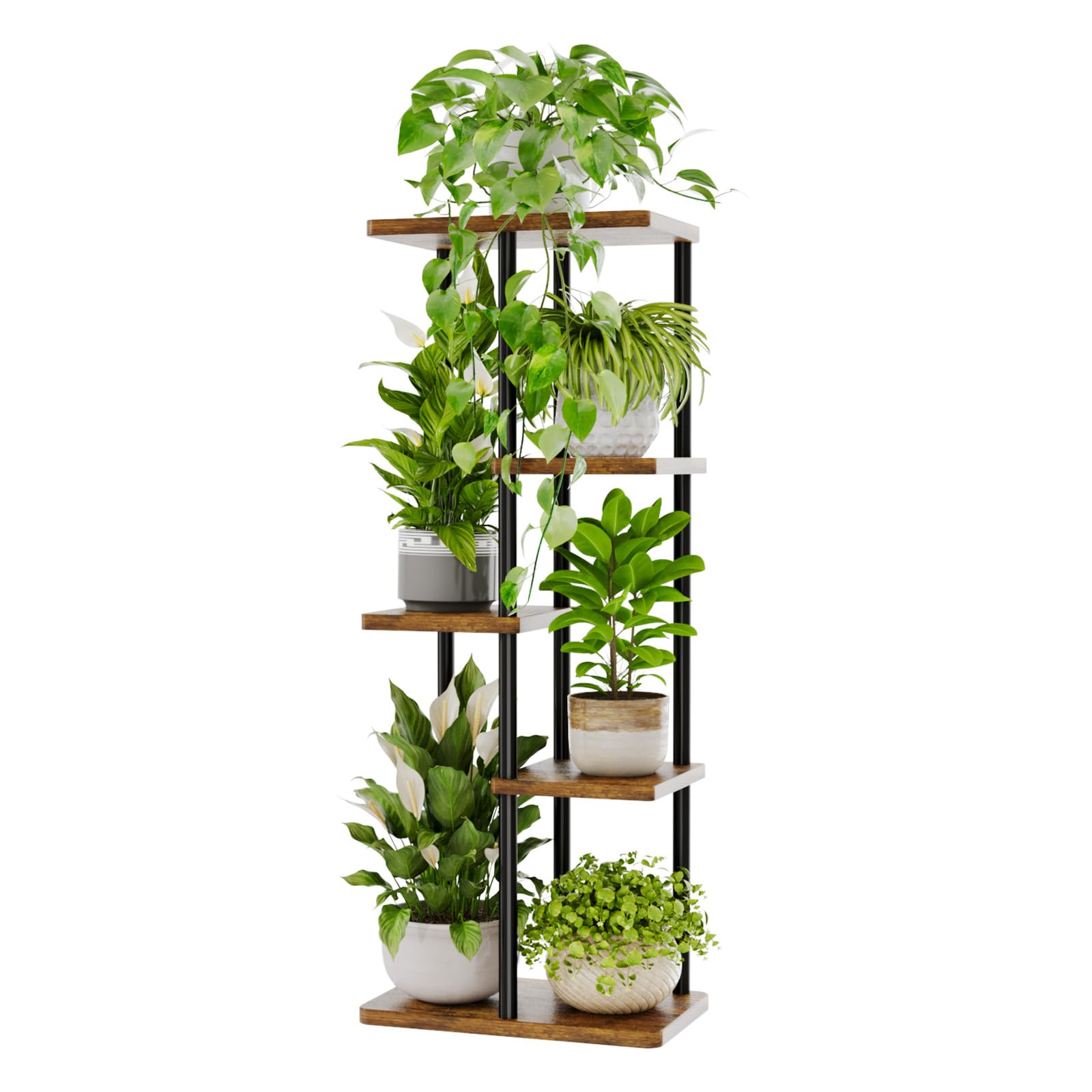 Bamworld 5 Tier Plant Stands Indoor, Corner Shelf Tall Plant Stand for Multiple Indoor Plants, Metal Tiered Display Stand for Living Room Balcony Garden Patio, Brown
