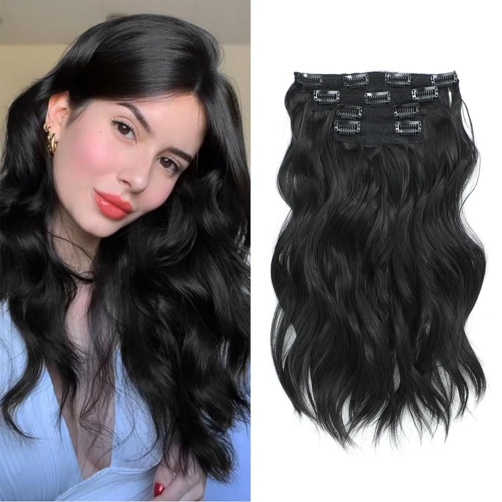 14-Inch Clip-in Synthetic Wavy Curly 1B Natural Black Thick Hair Pieces for Women