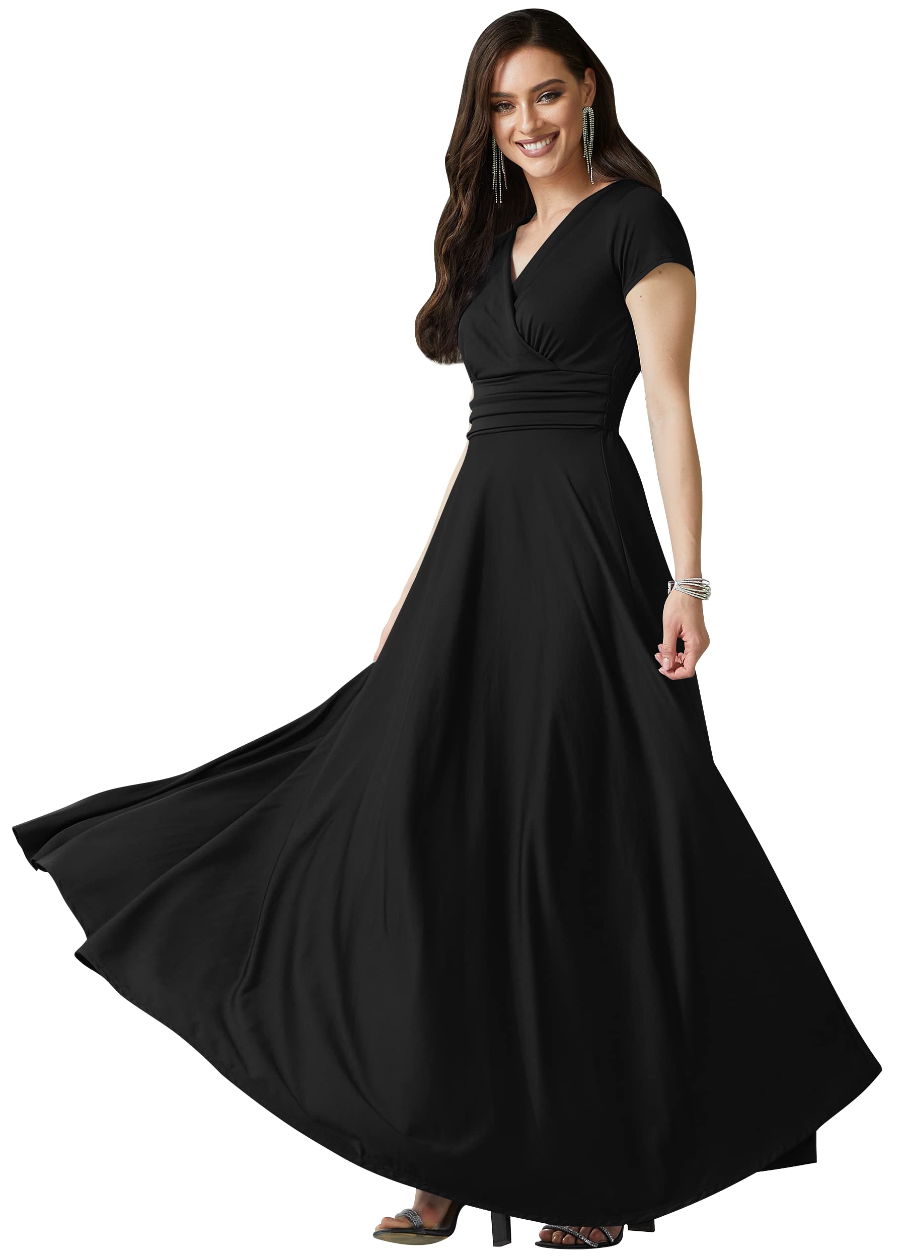 Photo 1 of KOH KOH Plus Size Womens V-Neck Long Cap Short Sleeve Flowy Cocktail Slimming Summer Sexy Casual Formal Sun Sundress Work Cute Gown Gowns Maxi Dress Dresses, Black XL 14-16