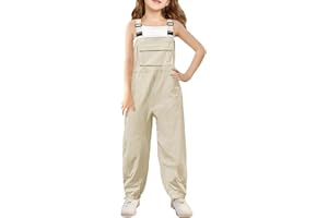 Haloumoning Girls Bib Overalls Summer Outfits Adjustable Strap Long Pants Casual Rompers Jumpsuits with Pockets 5-14 Years