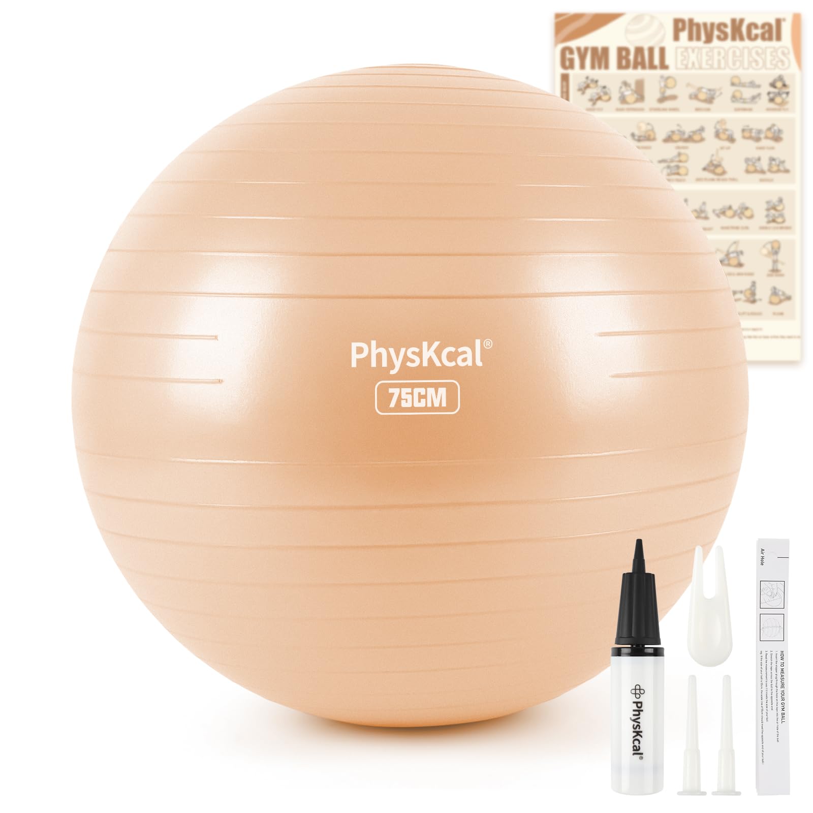 PhysKcal 75cm Beige Gym Ball - Exercise Swiss Ball for Fitness, Yoga, Pilates, Pregnancy - Anti Burst, Balance & Stability - Includes Quick Pump