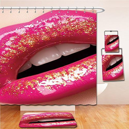 LiczHome Bath Suit: Showercurtain Bathrug Bathtowel Handtowel lamour fashion bright pink lips gloss make-up with gold glitter. Macro of woman