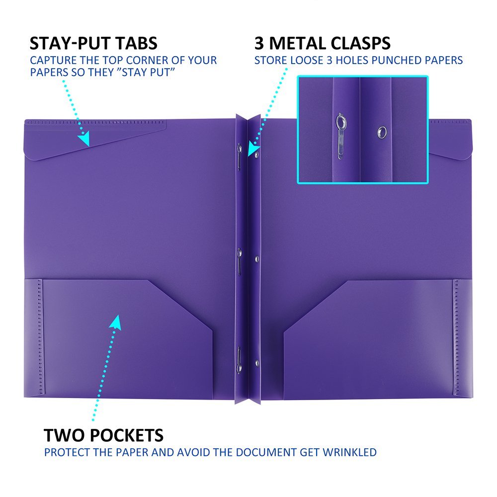 Plastic Folders with Pockets and Prongs 6PCS Heavy Duty Plastic Folders with Pockets Letter Size Assorted Colors for School Work and Home File Folder