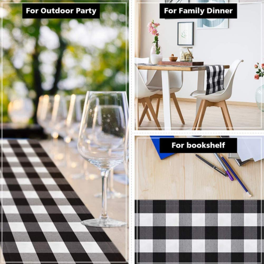 HAKACC Black and White Buffalo Plaid Table Runner Cotton Burlap Table Runner for Christmas Holiday Birthday Party Table Home Decoration