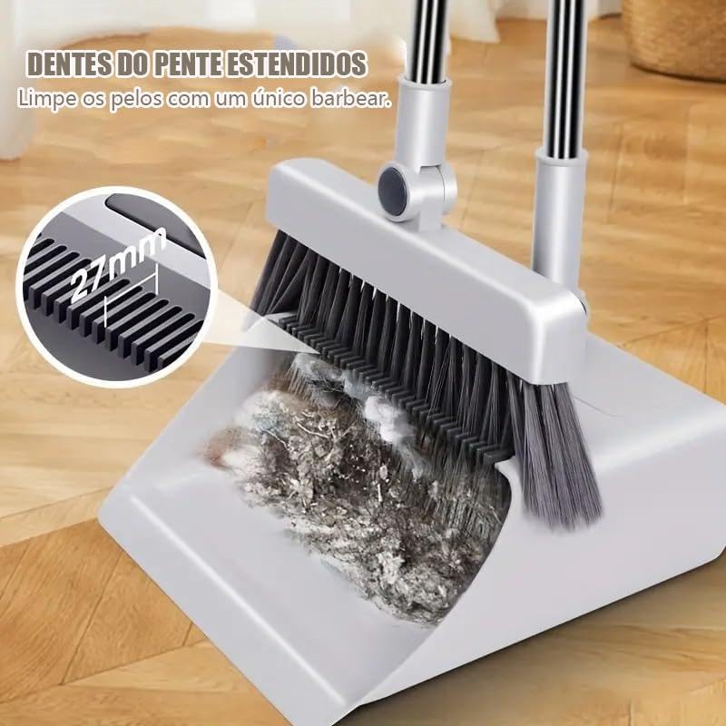 Conjunto de Vassoura e Pá de Lixo Dobrável 4 em 1, Cabo Longo Ajustável, Dentes Raspadores Antienroscamento, para Cozinha e Casa