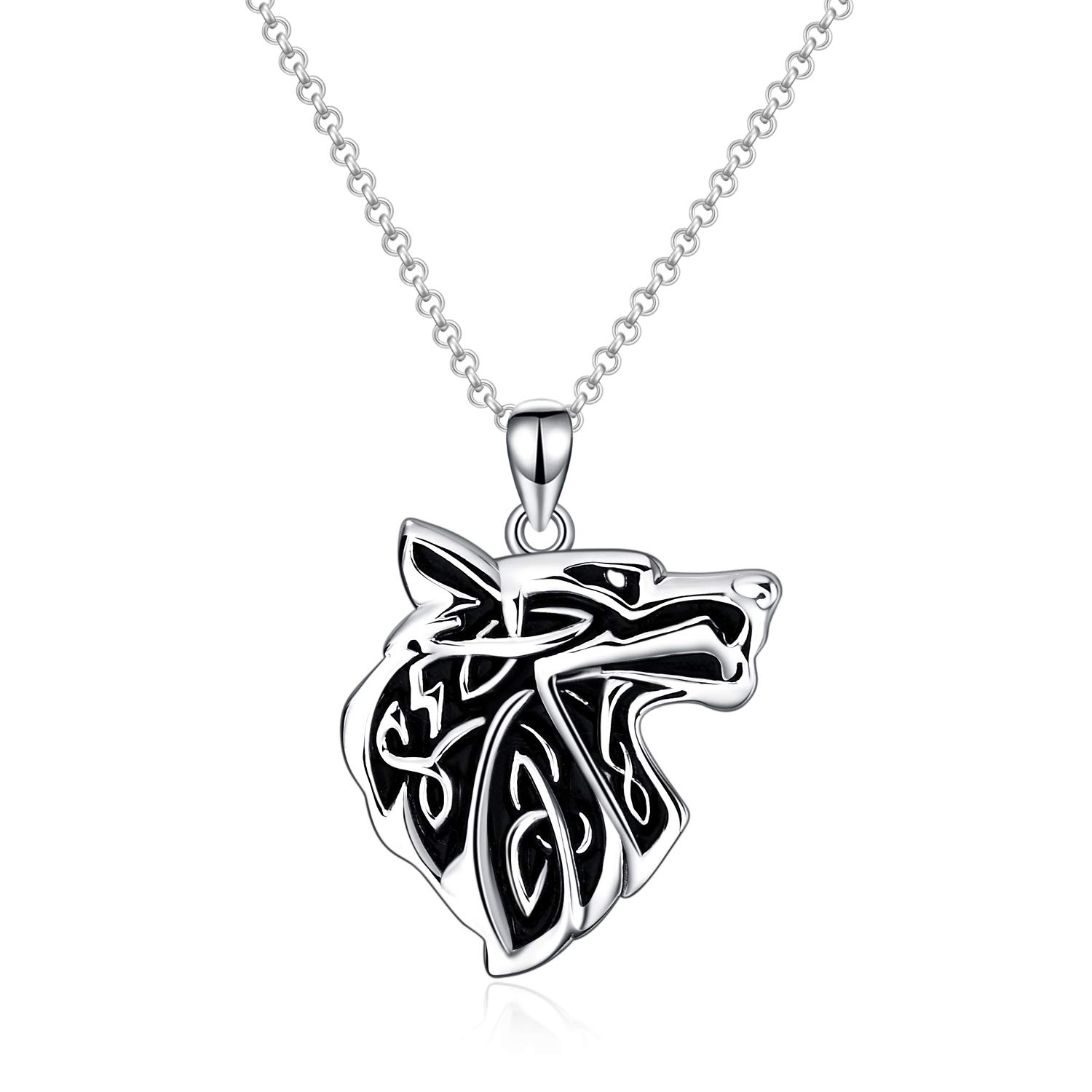 VONALA 925 Sterling Silver Wolf Pendant Necklace, Celtic Jewellery Birthday Gifts for Women Men Boys Girls