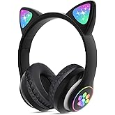 TCJJ Bluetooth 6.0 Cat Ear Kids Headphones for Girls, LED Light Up, 85dB Safe Volume Limit, Stereo Sound Toddler Foldable Wireless & 3.5mm Wired Headset with Mic for School, Tablet, Travel