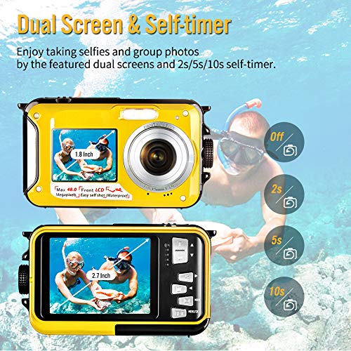 Underwater Waterproof Digital Camera for Snorkeling FHD 2.7K 48MP Selfie Dual Screen Video Camcorder Point & Shoot Digital Camera