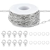 Beebeecraft 32.8FT Paperclip Chain for Jewelry Making 304 Stainless Steel Oval Link Chain Roll for Bracelet Necklace Making with 80Pcs Jump Rings 40Pcs Lobster Clasps