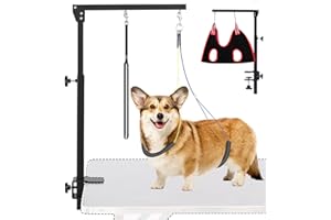 AGESISI Dog Grooming Arm with Clamp, Heavy Duty Pet Grooming Table Arm with Grooming Hammock, Loop Noose & Two No-Sit Haunch Holder, 36" Height Adjustable for Medium & Small Pets, Black