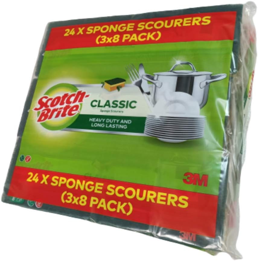 Scotch Brite Classic Sponge Scourers Heavy Duty Long Lasting, Pack of 3 x 8, Green/Red, 8 Count (Pack of 3) - Image 3