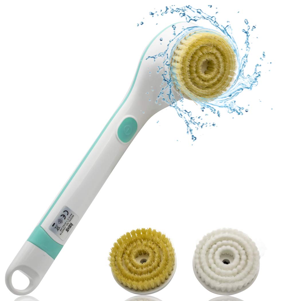 BEWEBEME Electric Shower Body Brush - Waterproof 2 in 1 Long Handle Bath Brush for Body Cleaning Exfoliating SPA Massage with 2 Replacement Brush Heads (Battery Excluded) : Beauty