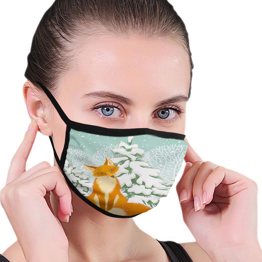 Windproof Activated Carbon mask,Fox, Red Fox Sitting in Winter Forest Snow Covered Pine Trees Xmas Cartoon,Orange White Almond Green,Facial decorations for man and woman