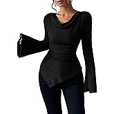 Bell Long Sleeve Cowl Neck Tops for Women, Y2K Ruched Asymmetrical Ribbed Fitted Shirts Going Out Fall Clothes
