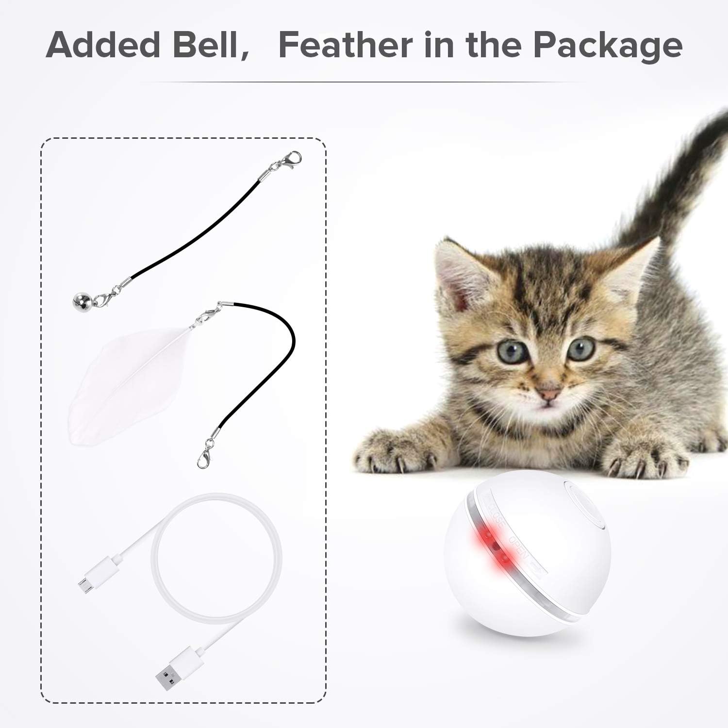 Feeko Interactive Cat Toys for Indoor Cats, Automatic Rolling Kitty Toys, Build-in Catnip Spinning Color Led Light, USB Charging Timing Motion Ball with Feather/Bells Toys for Cats/Kitten (White) : Pet Supplies