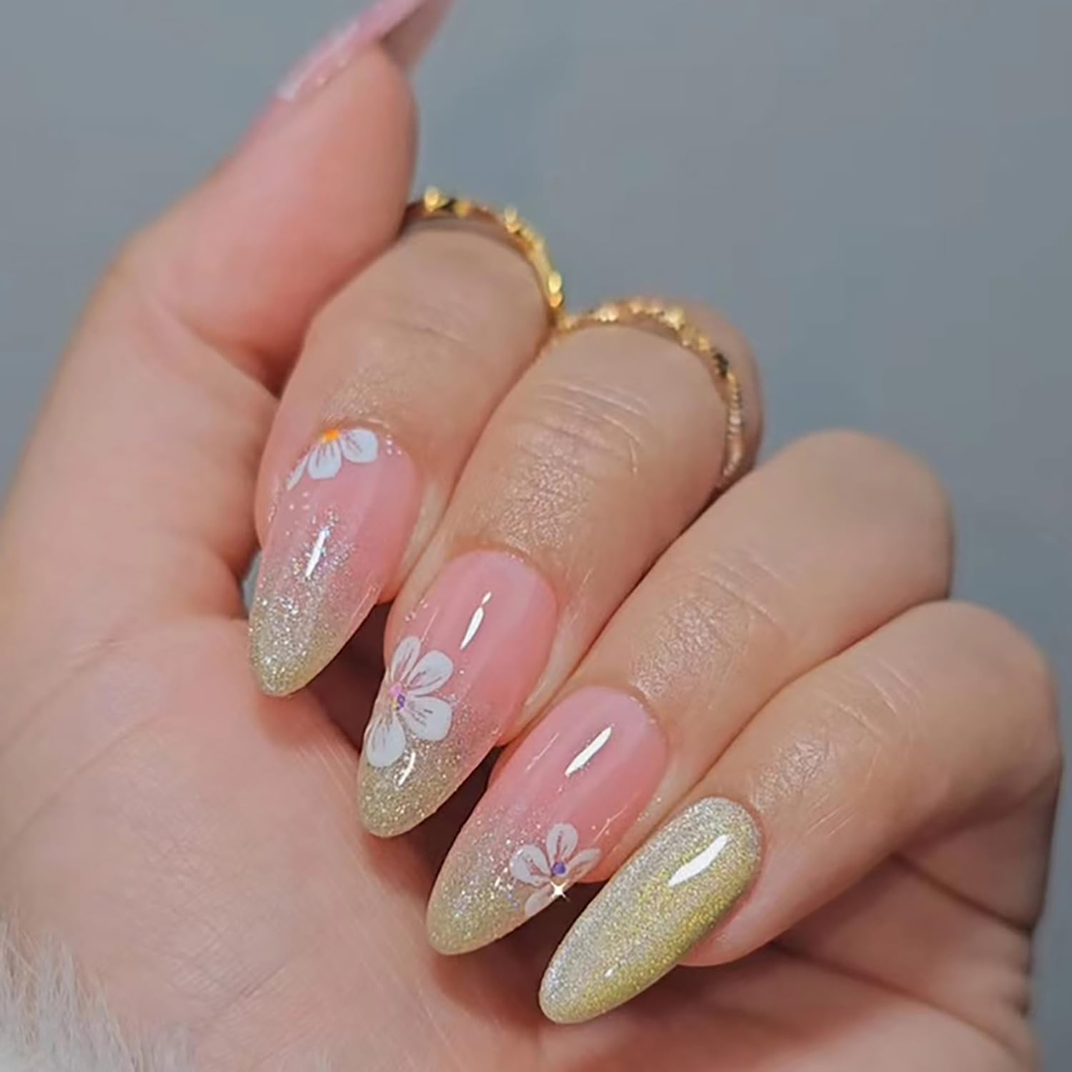 Photo 1 of 2 Pcs Glitter Press on Nails Medium Fake Nails Almond False Nails with Floral Designs Green Gradient Acrylic Nails Glue on Nails Full Cover Stick on Nails for Women Girls Manicure Art