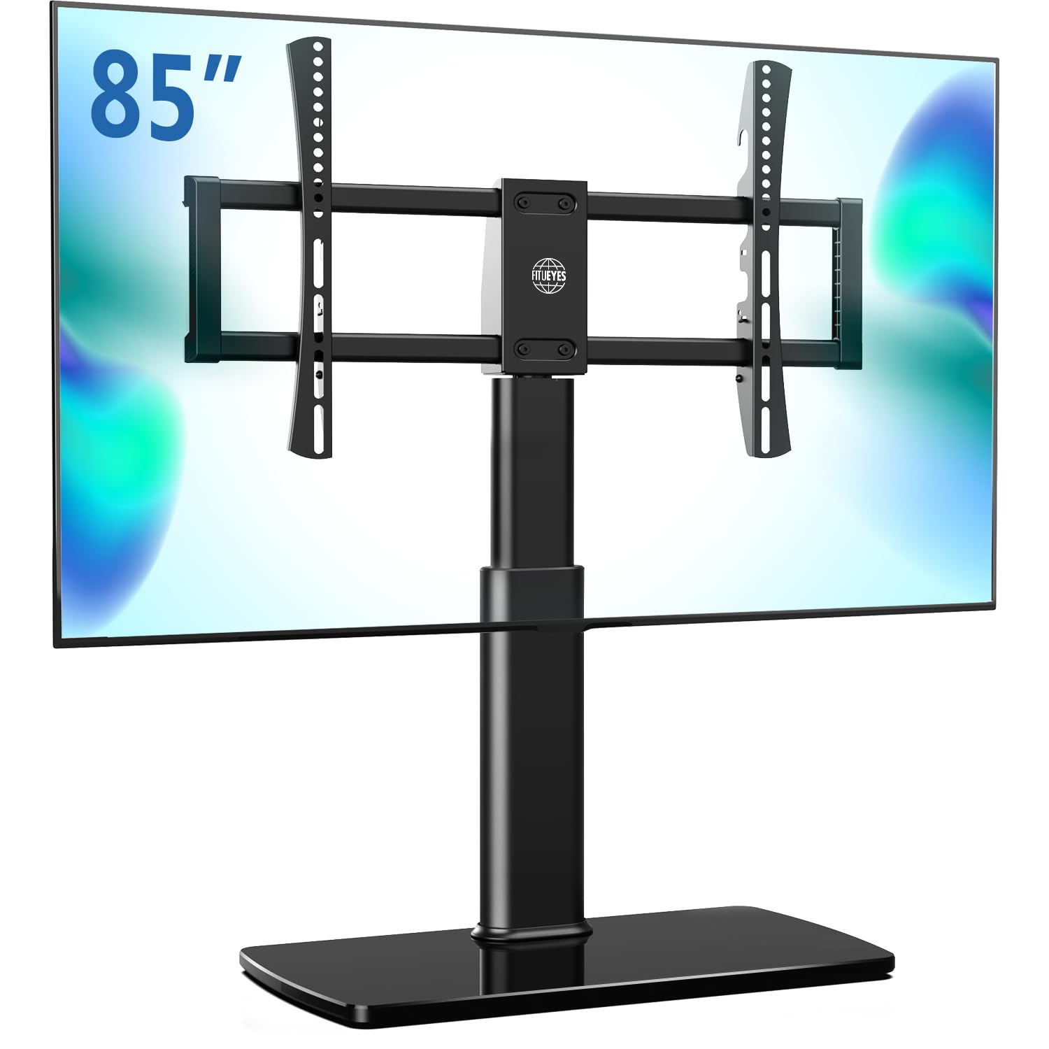 Photo 1 of FITUEYES Universal TV Stand Mount for 43-80 85 inch TVs, Swivel Tall TV Mount Stand, Table Top TV Stand Base Replacement, Height Adjustable TV Table Stand, Glass Base, Max Holds 110lbs