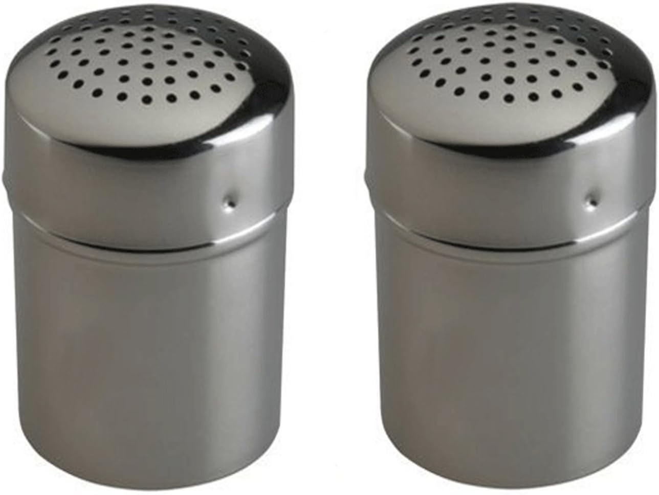 SET OF 2 STAINLESS STEEL PARMESAN SHAKER SPRINKLER CHEESE, FLOUR, SUGAR SPICES ETC - SIZE APPROX 6.5cm x 5cm