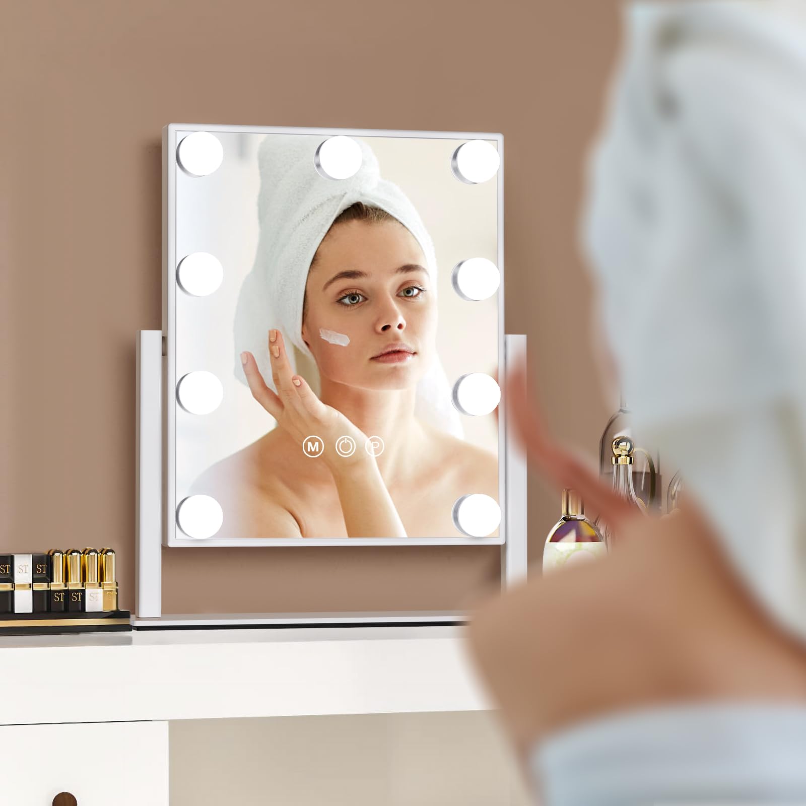 VoxZypher Hollywood Vanity Makeup Mirror with Lights - 9 LED Bulbs, Touch Control, 3 Colors Light, 360° Rotation, Light Up Vanity Mirror for Dressing Room & Bedroom