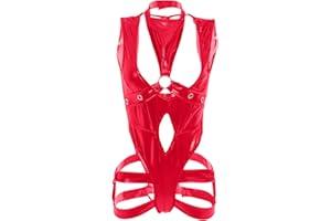 Zzalalana Plus Size Gothic Leather Lingerie for Women Naughty for Sex Play Halter Cut Out Sheer Mesh Teddy Bodysuit Clubwear