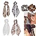 Chiffon Ponytail Hair Scarf Scrunchies - 6 Packs Leopard Print Big & Long Scrunchie Hair Scarf, Leopard Ripple Bun Hair Ties Bobbles, Scarves for Women Girls Bow Ponytail Holder (Leopard Headband - D)