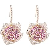 Huggie CZ Flower Dangle Stud Earrings for Women Girls with Charms Fashion Luxury Pave Rhinestone Filigree Camellia Rose Dainty Crystal Drop Dangling Wedding Prom Jewelry Dainty Gifts Valentine Mother's Day