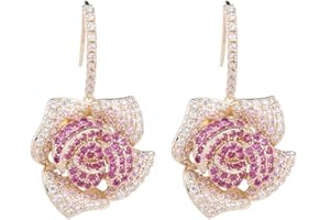 DTJA Huggie CZ Flower Dangle Stud Earrings for Women Girls with Charms Fashion Luxury Pave Rhinestone Filigree Camellia Rose Dainty Crystal Drop Dangling Wedding Prom Jewelry Dainty Gifts Valentine Mother's Day