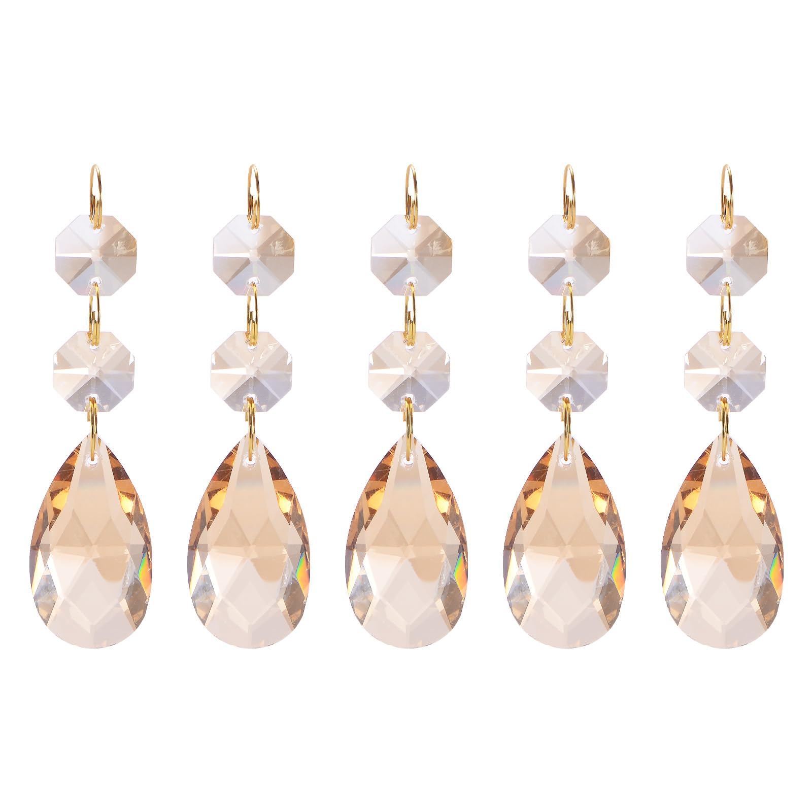 M METERXITY 5-Pack Pendants Teardrop Lamp Chain, Champagne Crystal W 2 Octagon Beads Shiny Glass Pendants Beads for Light Lamp/Jewelry Making/Wedding Decoration Chandelier Beads [3.35"]