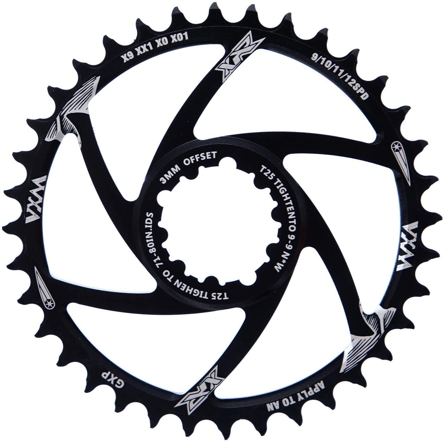 YBEKI SRAM GXP Chainring 30T-38T | 7075-T6 Aluminum Narrow-Wide Eagle Tooth MTB Chainwheel | 3mm/6mm Offset | 60-80g Ultra-Light | Hard Anodized Black | Compatible with XX1/X01/NX/GX/X9 Cranksets