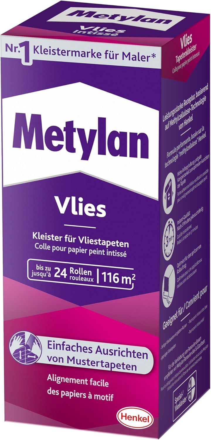 Metylan Non-woven wallpaper paste for non-woven wallpaper with smooth or textured back, easy to use wallpaper paste, high yield paste, 1 x 720 g