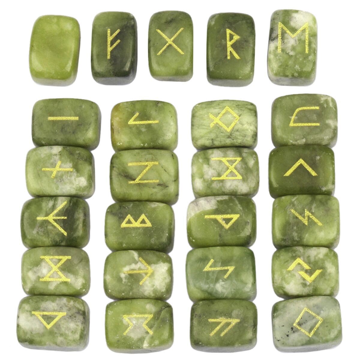 mookaitedecor Rune Stones Set with Engraved Elder Futhark Alphabet Crystal Meditation Divination, Green Jade