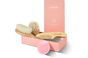 Ullabelle 4 Piece Wooden Baby Hair Brush and Comb Set for Newborns & Toddlers in Chic Gift Box - Ultra Soft Natural Goat Hair and Wood Baby Brush Set Prevents Cradle Cap - Perfect Registry Gift (Pink)