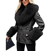 Bellivera Women Faux Leather Jacket Winter Long Sleeve Zip Belt Coat with Fur Collar