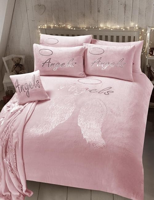 Olivia Rocco Angel Wings Teddy Duvet Cover Set Soft Thermal Quilt Sets Warm Cosy Snug Bedding, Single Blush Pink