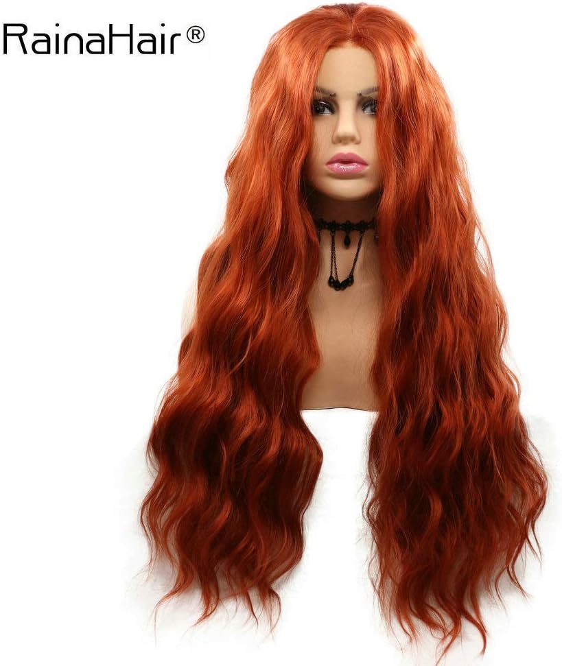 RainaHair 24inch Copper Red Long Water Wave Cosplay Women Wigs Orange Synthetic Lace Front Wigs Natural Looking Heat Resistant Fiber Hair for Ladies Party - Image 3