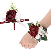 URROMA Corsage and Boutonniere Set of 2, Burgundy Red&White Rose Hand Flower for Prom Artificial Wrist Corsage Bracelets for Bride Wedding Party