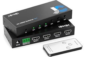 JCHICI HDMI Switch 3 in 1 Out 4K@60Hz, 3 Ports HDMI Switcher Selector with Remote, Support HDCP 2.2 HD R 10+ Dolby Vision/Atmos 18Gbps CEC for Apple TV Game PC PS4 5 Pro Xbox Roku