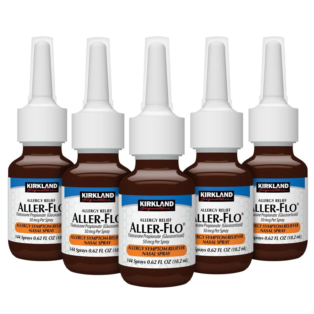 Kirkland Signature Aller-Flo Fluticasone Propionate (Glucorticoid) 5 Bottles x 144 Metered Sprays 0.62 Fl OZ per Bottle, 700 Total Sprays, 1-Pack