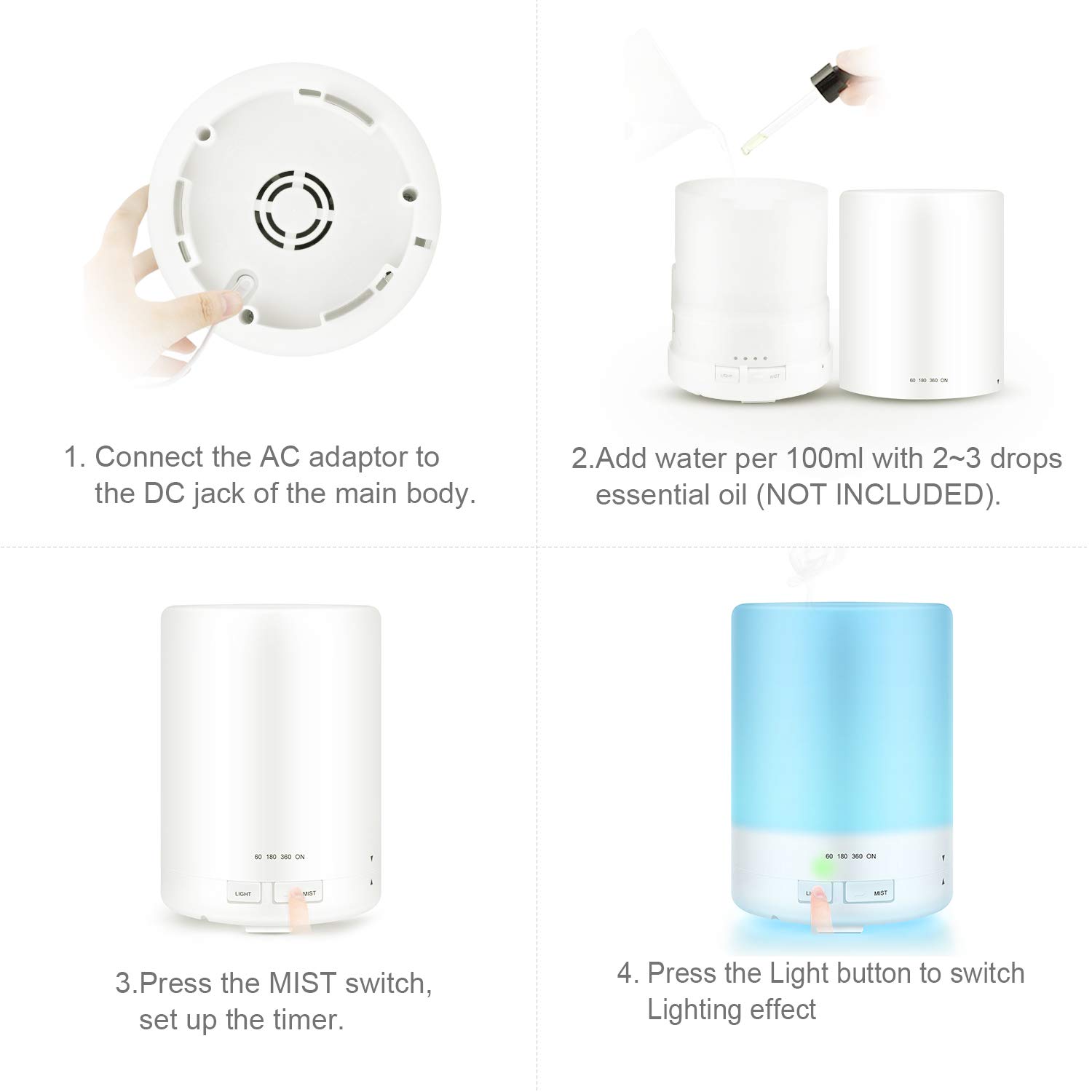 Amazon.com: Leoie Humidificador de aire de aromaterapia y cambio de 7 Colores cil\u00edndricos de 300ML 100-240V European regulations: Home & Kitchen