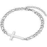 Ailetop Silver Cross Bracelet for Men Teens, Stainless Steel Cuban/Figaro Cross Chain Link Bracelet 5mm 7+2 Inches, Christian Religious Jesus Confirmation Jewelry Gifts for Him