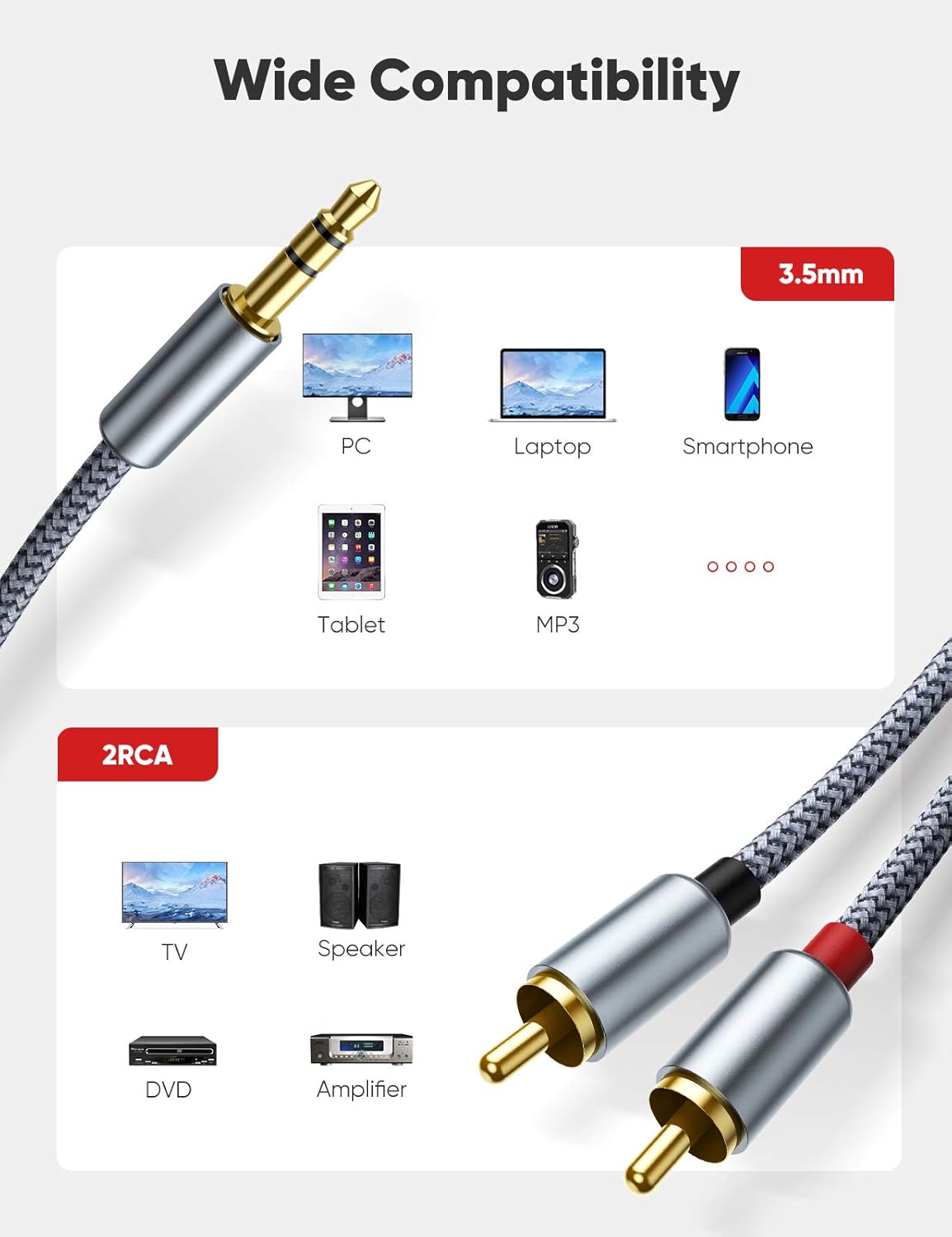 2 Pack RCA Cable, Oldboytech RCA to 3.5mm [8ft/2.4M, Hi-Fi Sound] Nylon-Braided RCA to AUX Audio Cable Compatible with DJ Controller Speaker Turntable TV Car Stereo Hi-Fi Amplifer Phone Gold-Plated: Industrial & Scientific