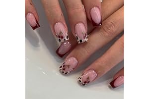 XZMeiLun Pink French Press On Nails Short Square, Leopard Print French Tip Design False Nails Short, Reusable Stick On Fake Nails with Glue For Women, 12Sizes-24Salon Quality Nail Kit, Gift for Woman