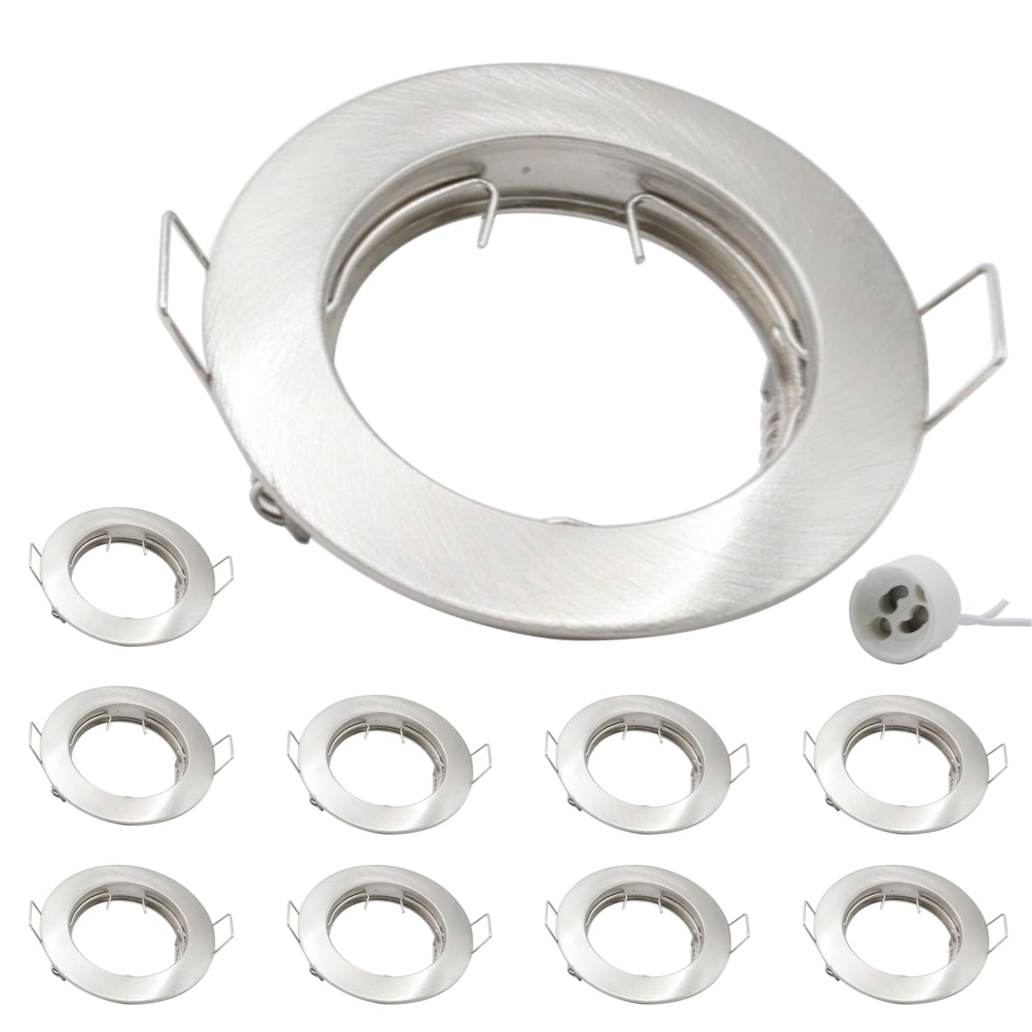 Recessed Ceiling Light Mounting With GU10 Lamp Holder, Aluminum Round Spotlights Trim Ring Frame for Bathrooms Kitchen 50mm Bulb, Pack of 10 (Satin Nickel)