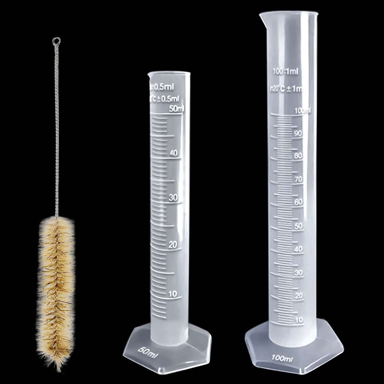 Measuring Cylinder Plastic Graduated Cylinder Set 50ml 100ml 2PCS Lab Measuring Cylinder and Cleaning Brush for Kitchen Lab Set Measure Liquid Measurement at Home