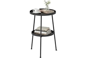 Outsunny Metal Patio Side Table, 2-Tier Round End Table, for Living Room, Bedroom, Garden, Balcony, Black