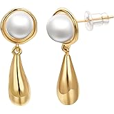 Airokiy White Pearl Stud Earrings for Women 18K Gold Plated Pearl Drop Earrings Lightweight Hypoallergenic Jewelry for Women