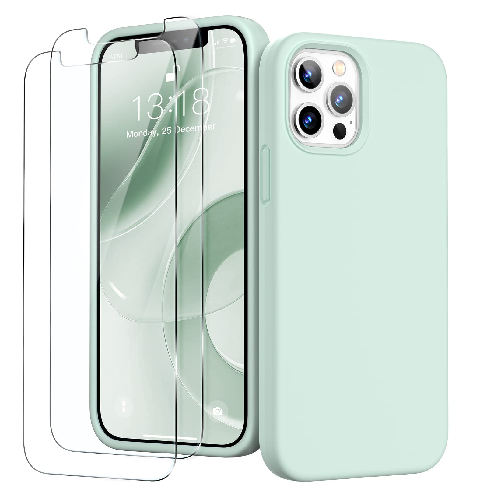GOODVISH 3 in 1 for iPhone 12 Pro Max Case Liquid Silicone with 2x Screen Protector, Anti-Scratch Full covered Microfiber Lining Shockproof Protective Slim Phone Case Cover 6.7", Turquoise Green — image 1